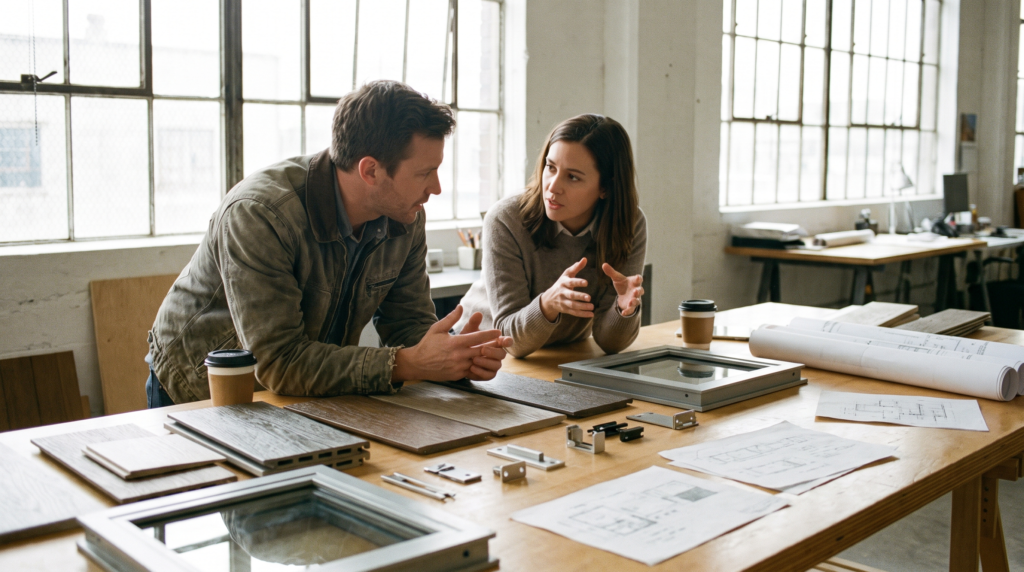 Building products marketing agency scene: a manufacturer rep and architect reviewing cladding and hardware samples