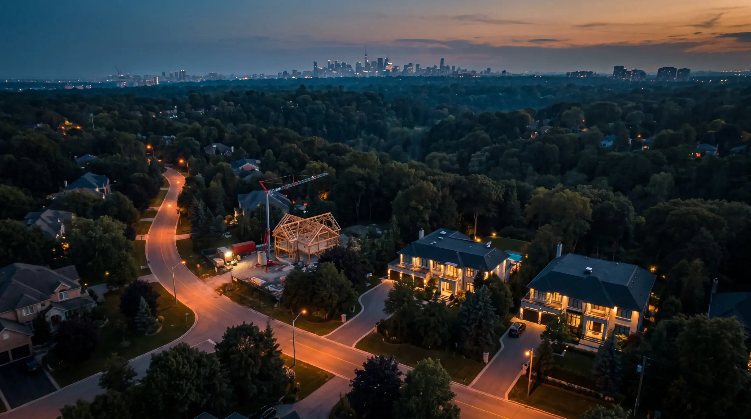 Aerial view of a leafy residential neighbourhood at dusk