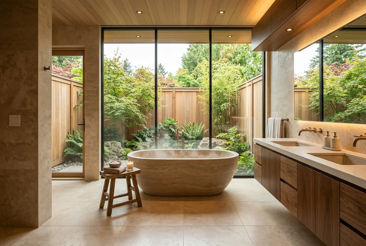 A spa-inspired primary bathroom in a custom home