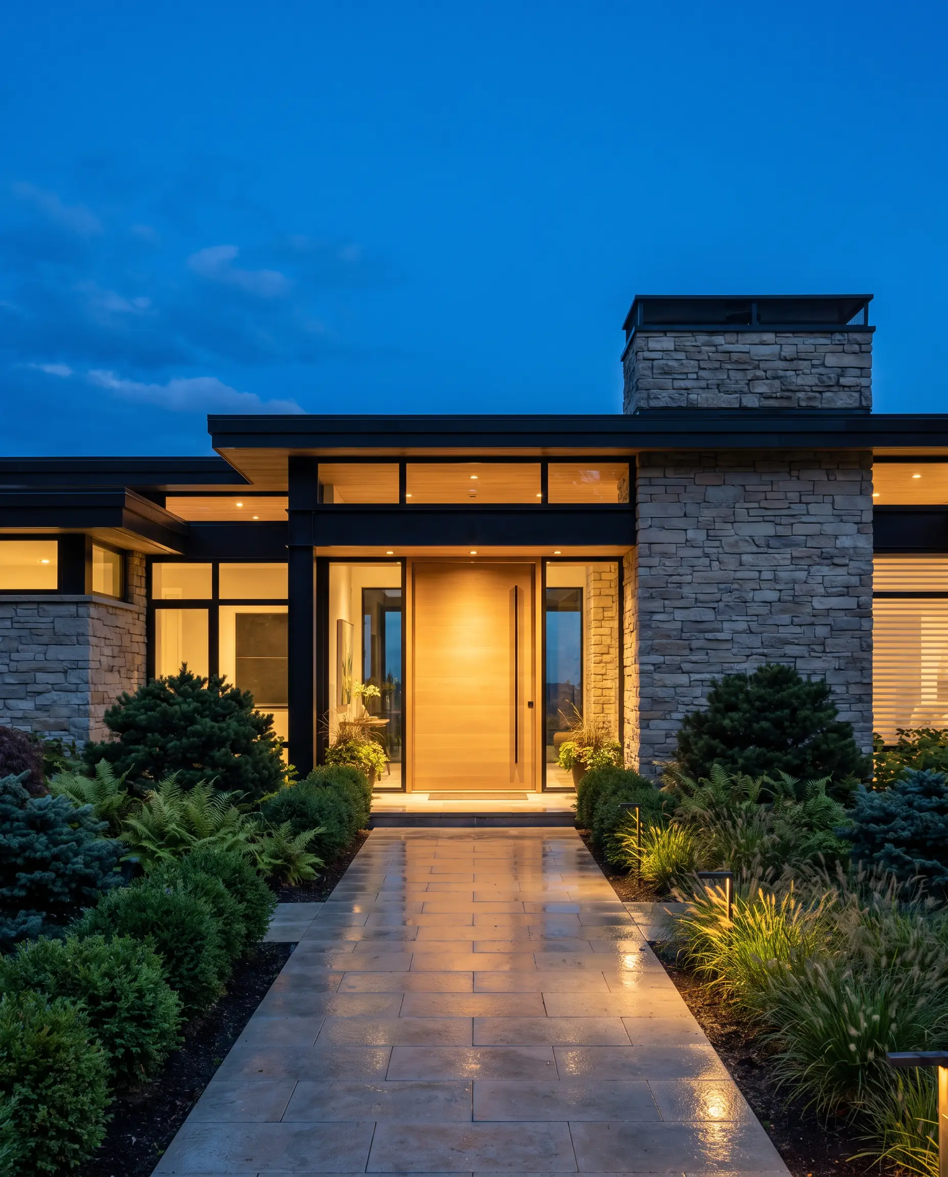 Front entrance of a modern custom home at twilight