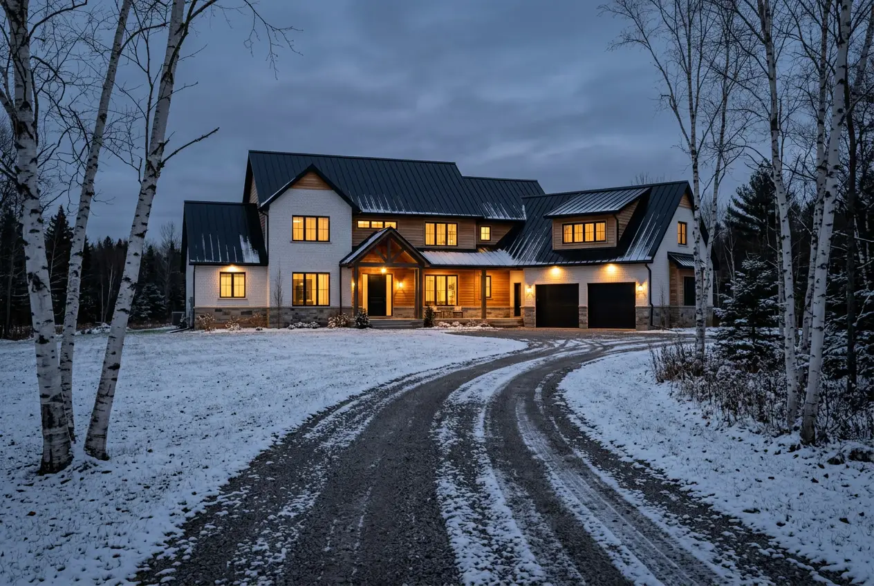 Modern farmhouse-style custom home in winter at dusk