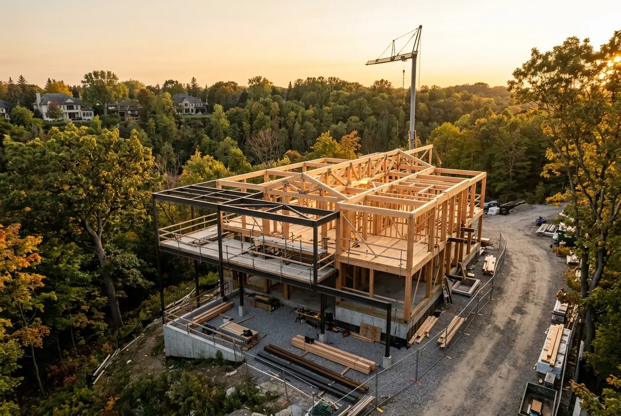 A custom home mid-construction at golden hour, part-way through an eighteen-month build