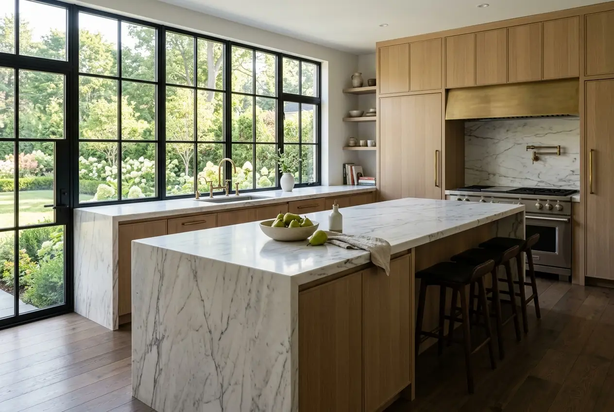 Custom home kitchen with large island and built-in appliances