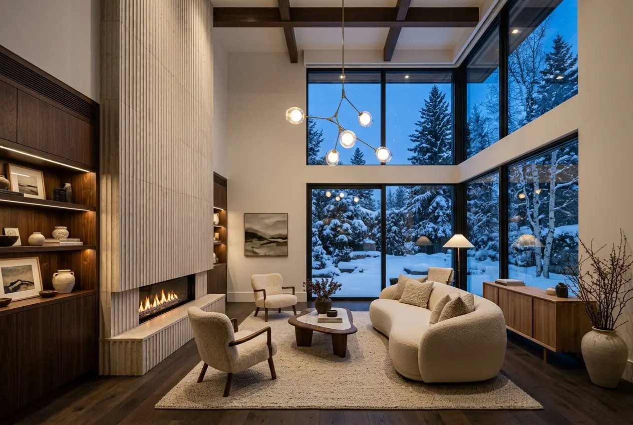 Custom home living room with fireplace and large windows onto the forest