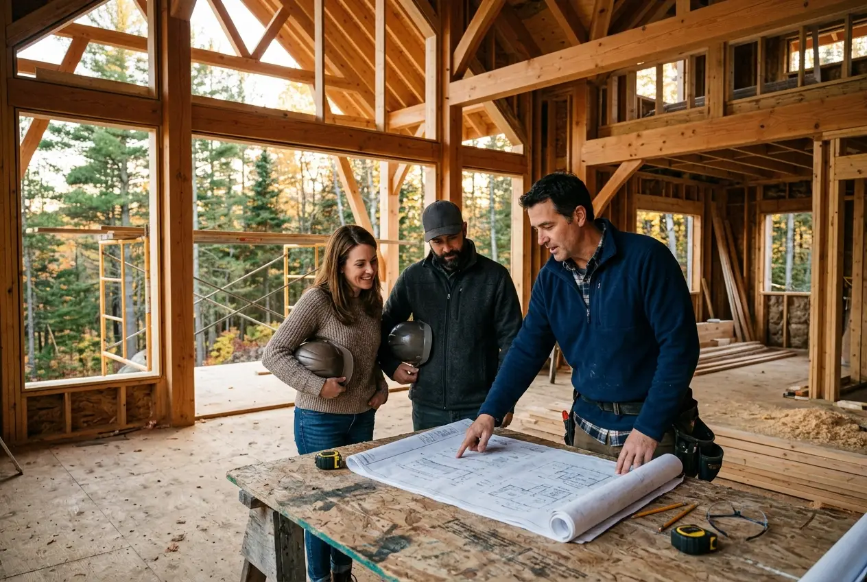Custom home builder reviewing plans with clients inside a framed house