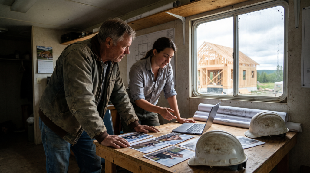 Construction industry marketing agency partner and contractor owner reviewing project photos in a job site trailer