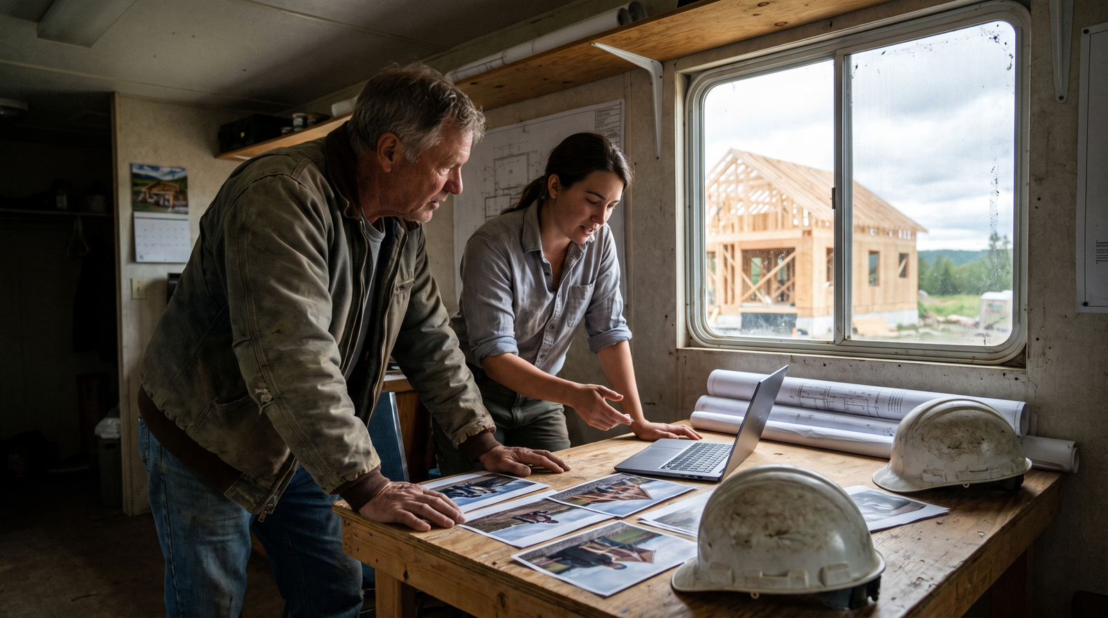 Construction industry marketing agency partner and contractor owner reviewing project photos in a job site trailer
