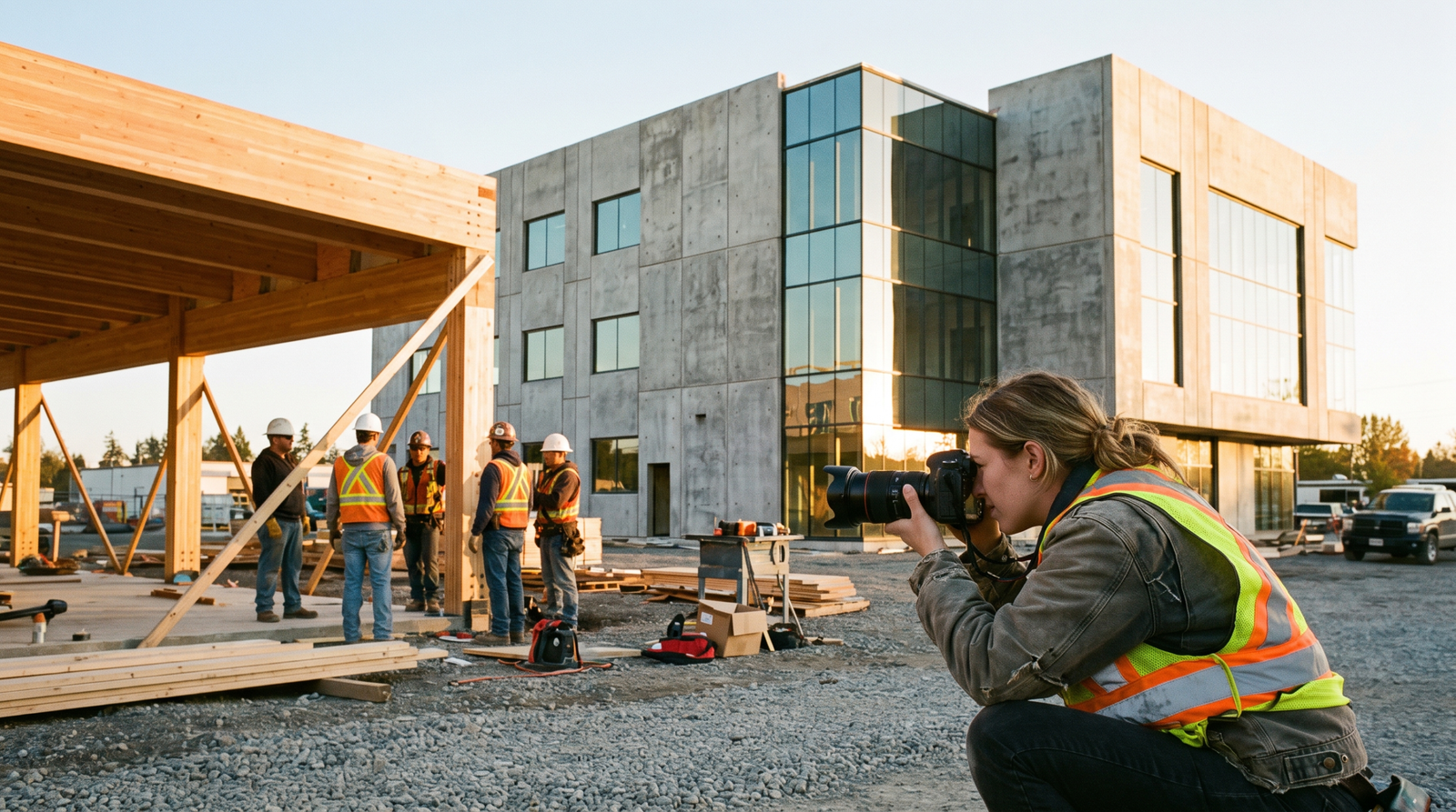 Marketer photographing a framing crew and a finished commercial building for a construction portfolio