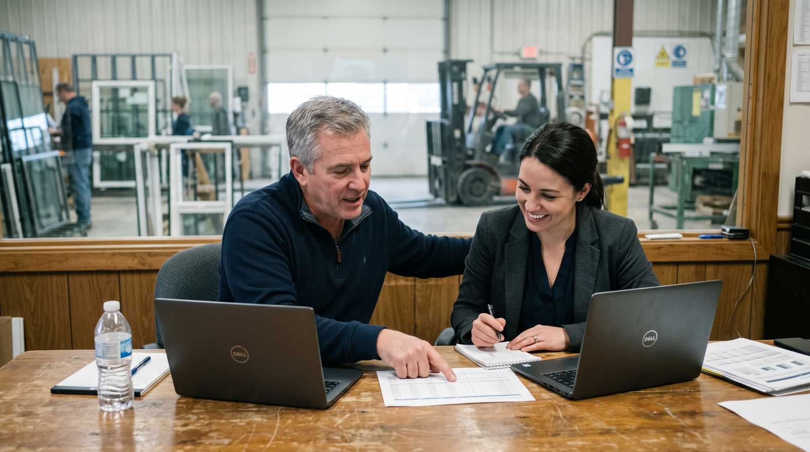 Construction marketing agency cost review: a window manufacturer's owner and an agency strategist going over a monthly budget