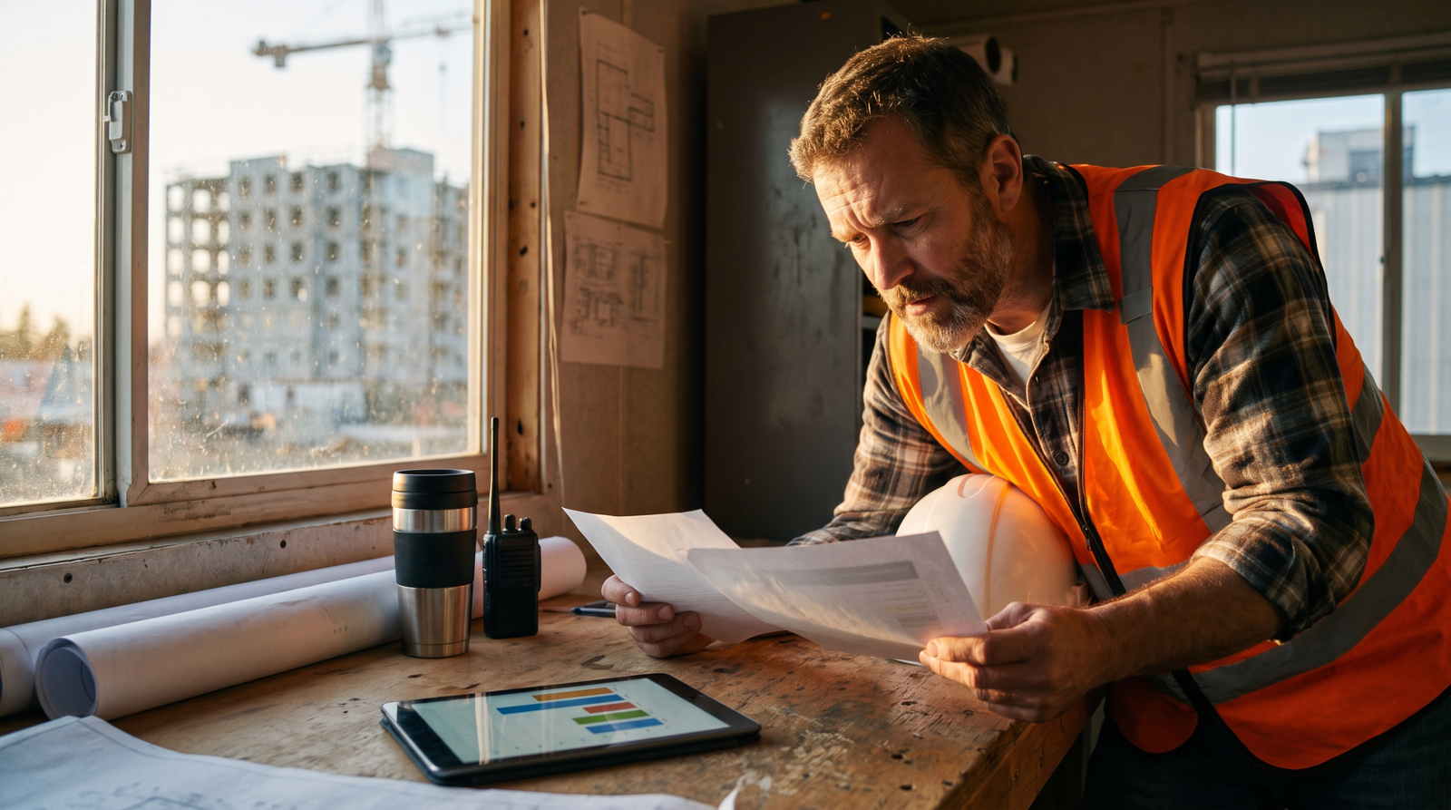 General contractor comparing marketing agency quotes in a job-site office