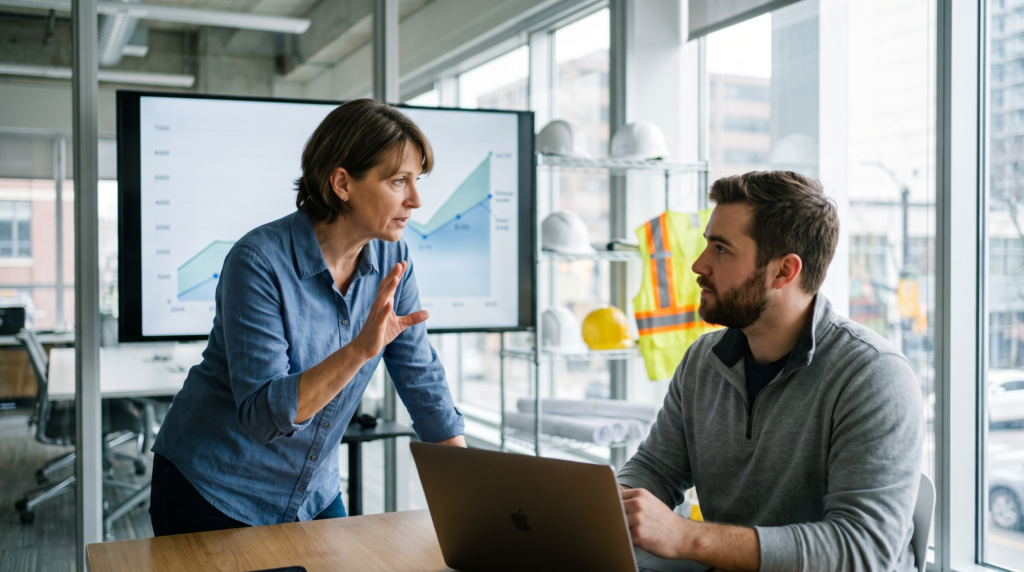 Construction SEO company consultant answering questions from a contractor's owner in a meeting room