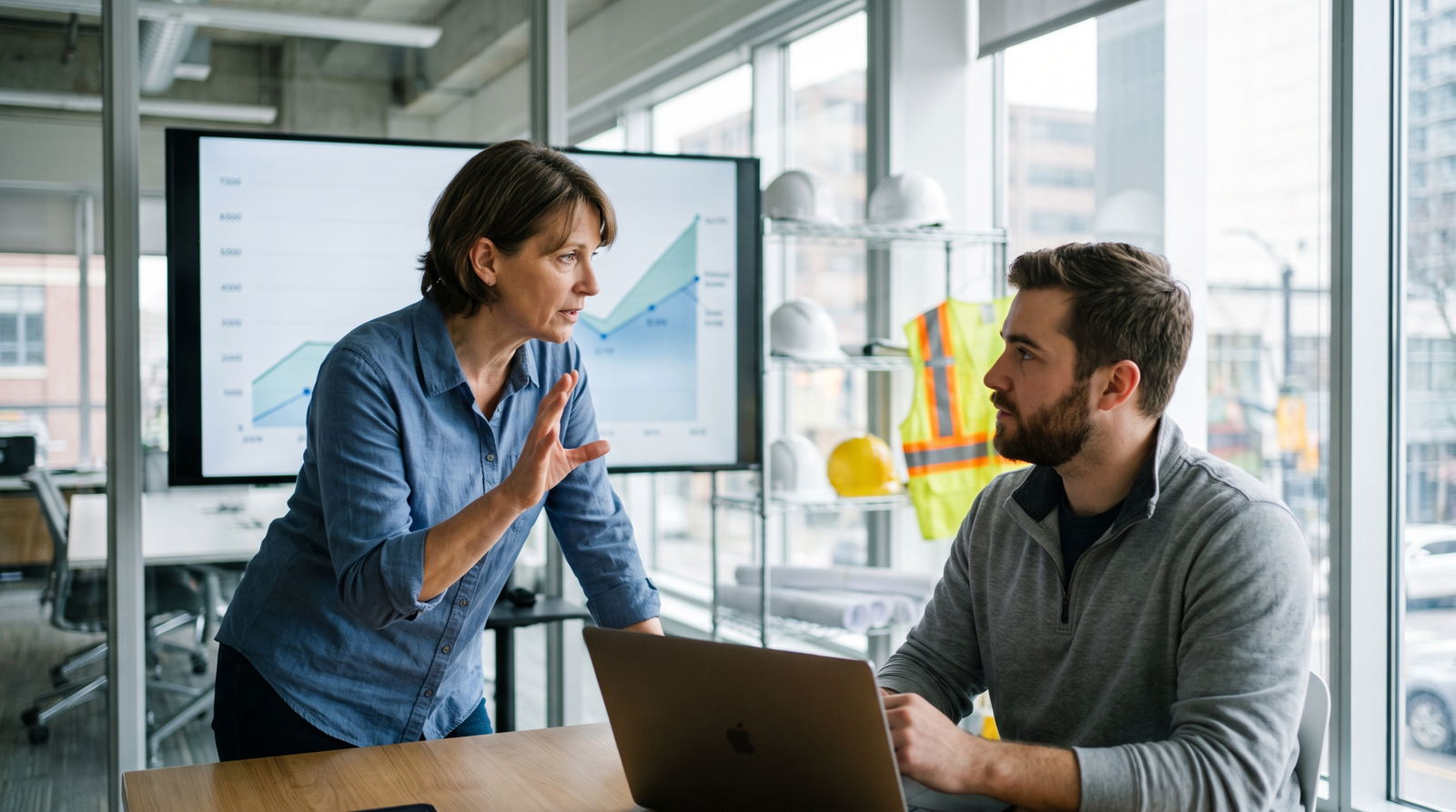 Construction SEO company consultant answering questions from a contractor's owner in a meeting room