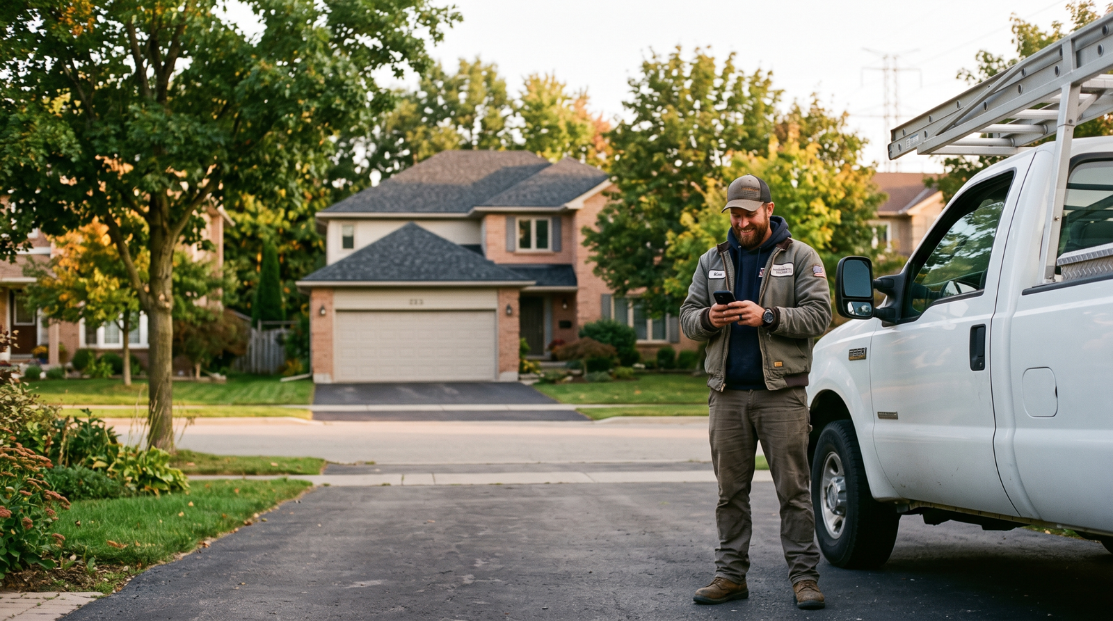 Roofing contractor checking a new customer enquiry on his phone beside his work truck