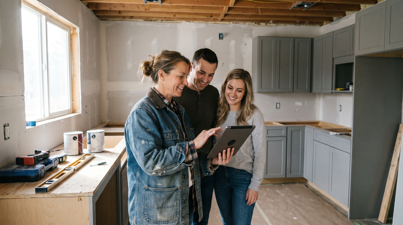Renovation contractor showing homeowners project progress on a tablet in a kitchen remodel