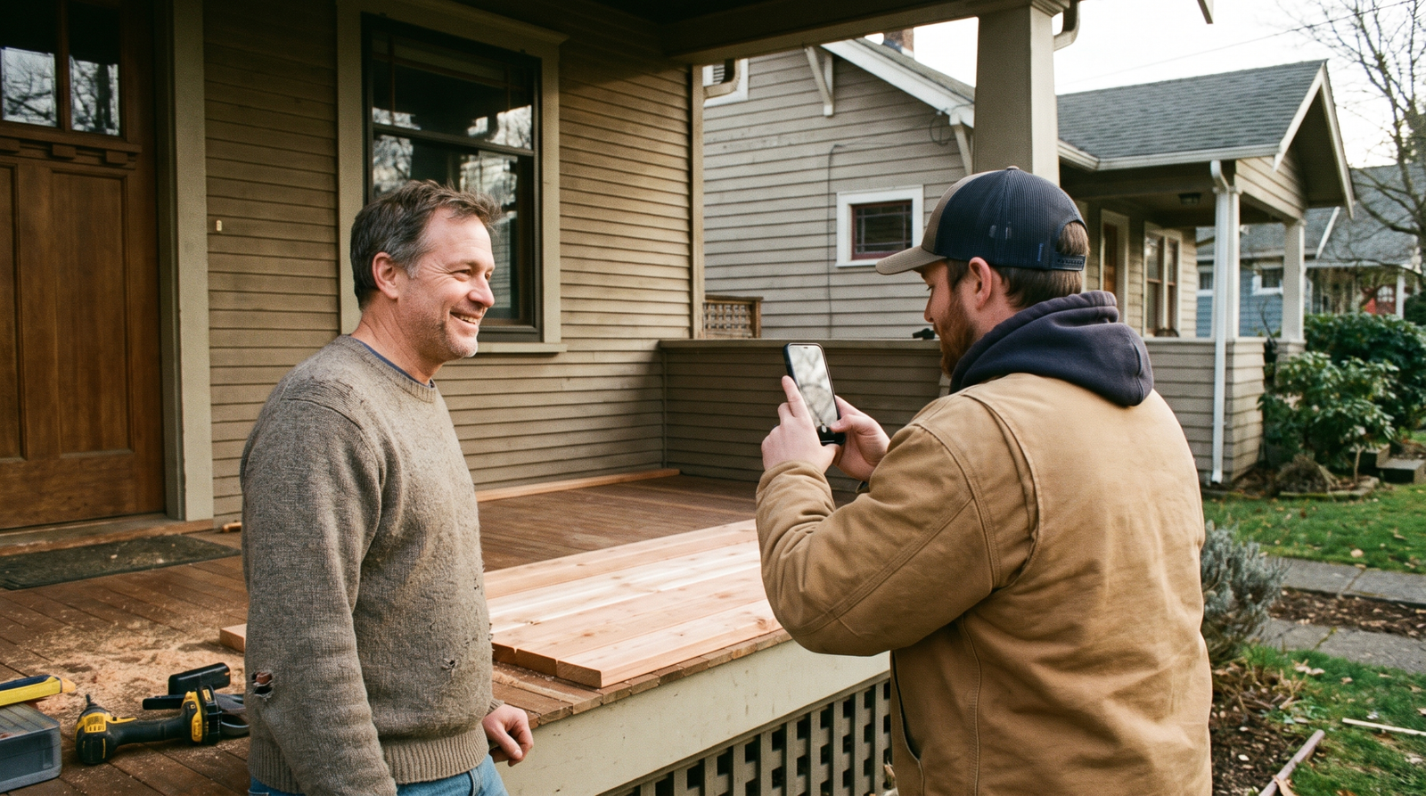 Contractor photographing a finished deck repair with a phone while the homeowner watches on the front porch