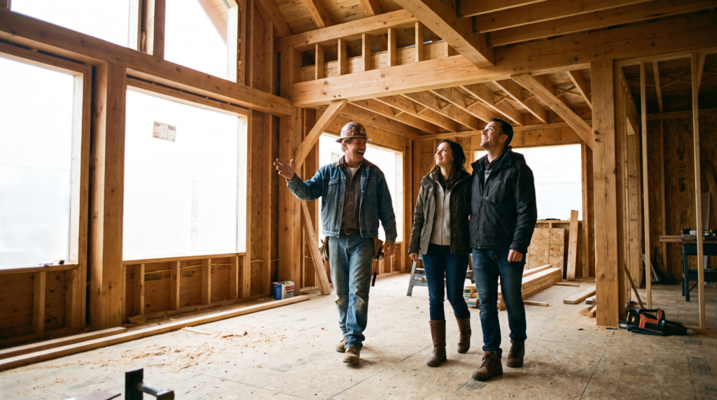 Custom home builder marketing agency context: a builder walking clients through a timber-framed custom home under construction