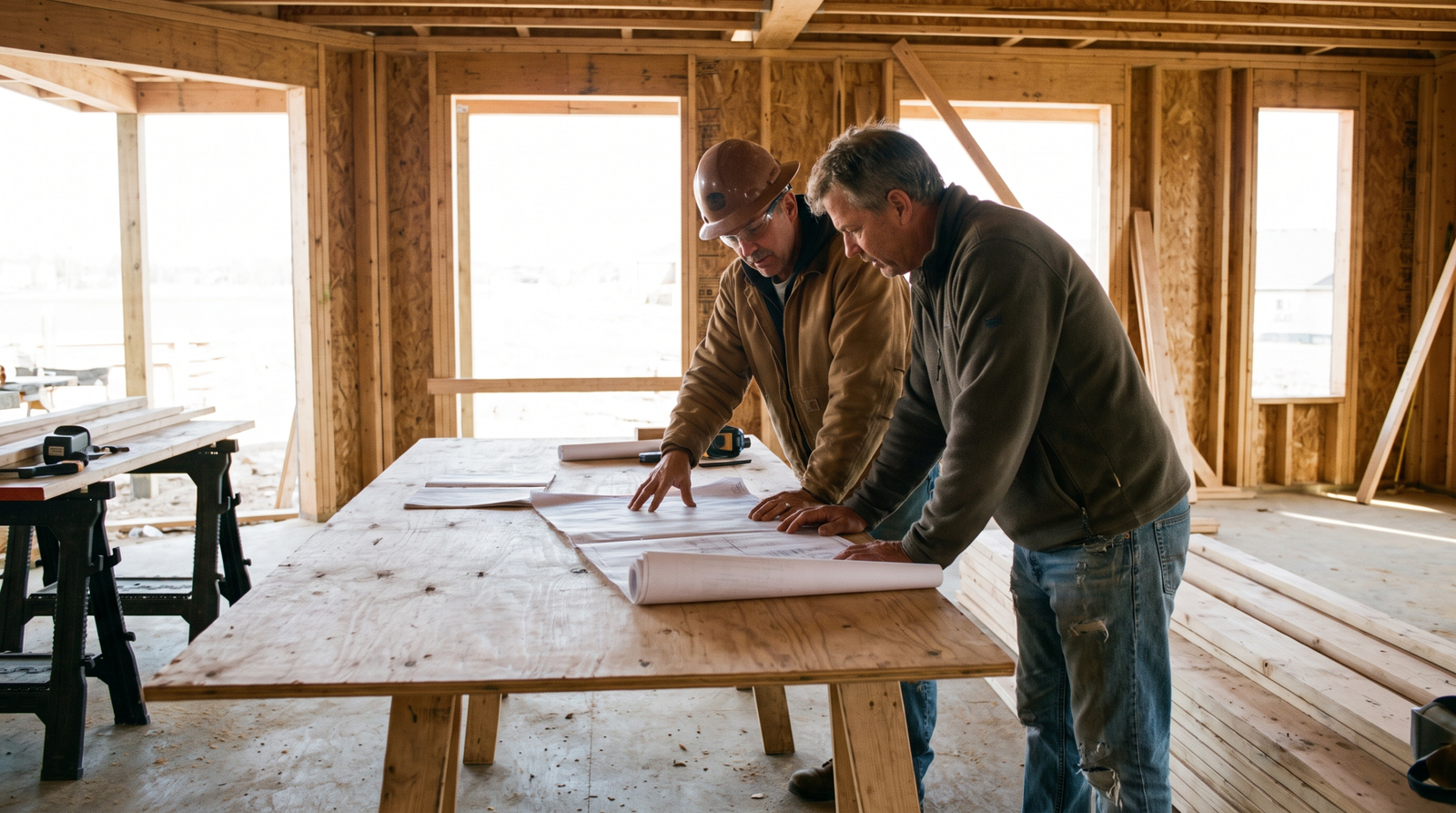 Architect and custom home builder reviewing construction drawings inside a partially finished luxury house