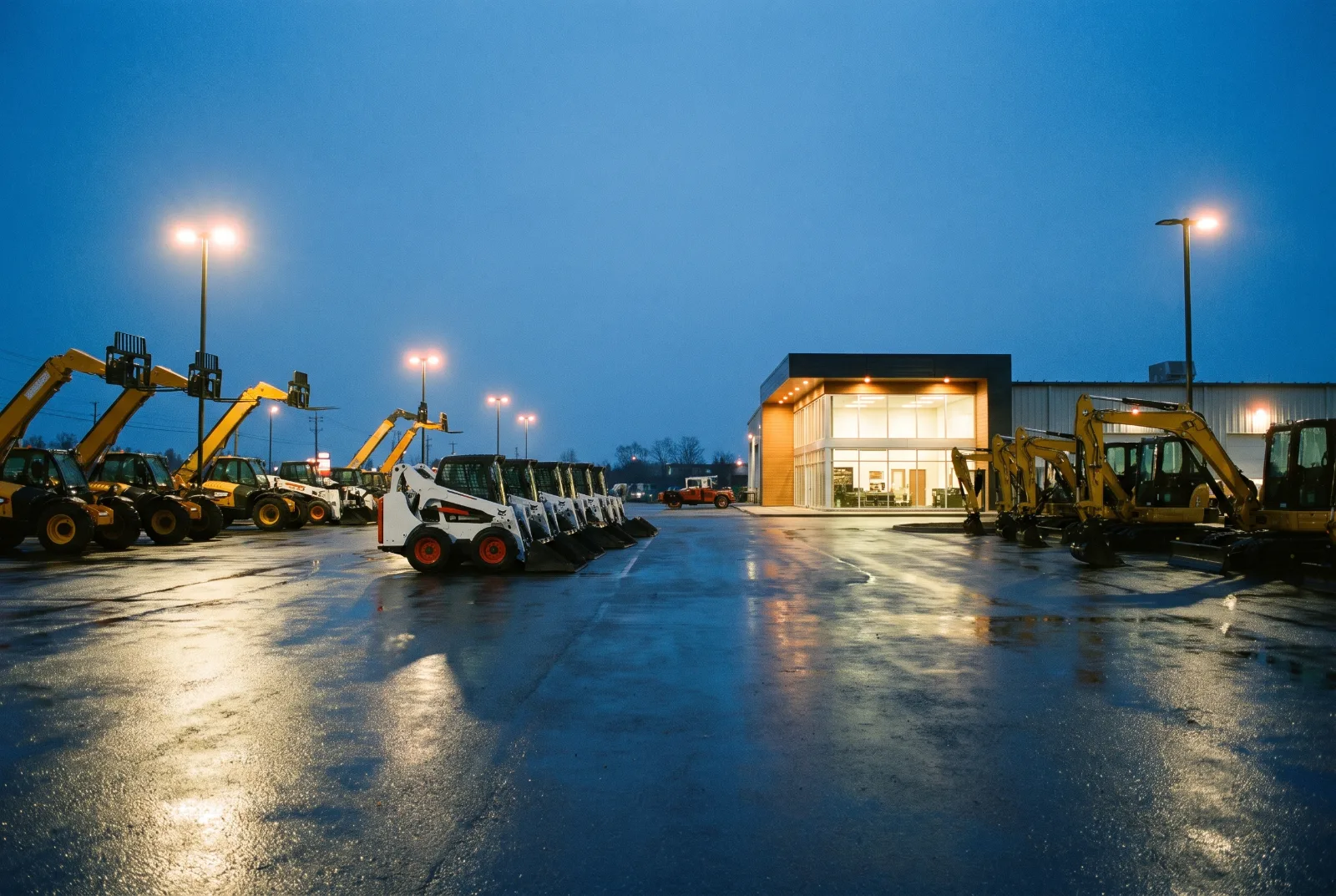 An equipment dealer yard at dusk, the fleet contractors check online before they call