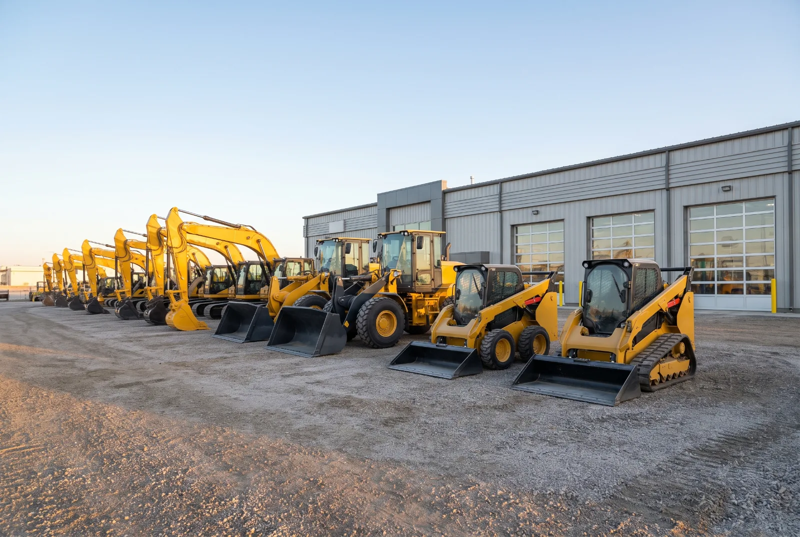Fleet of excavators and loaders lined up at a construction equipment dealership
