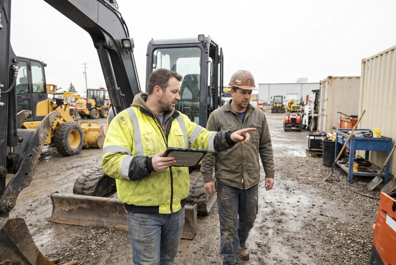 A rental coordinator walking a contractor around an excavator before delivery