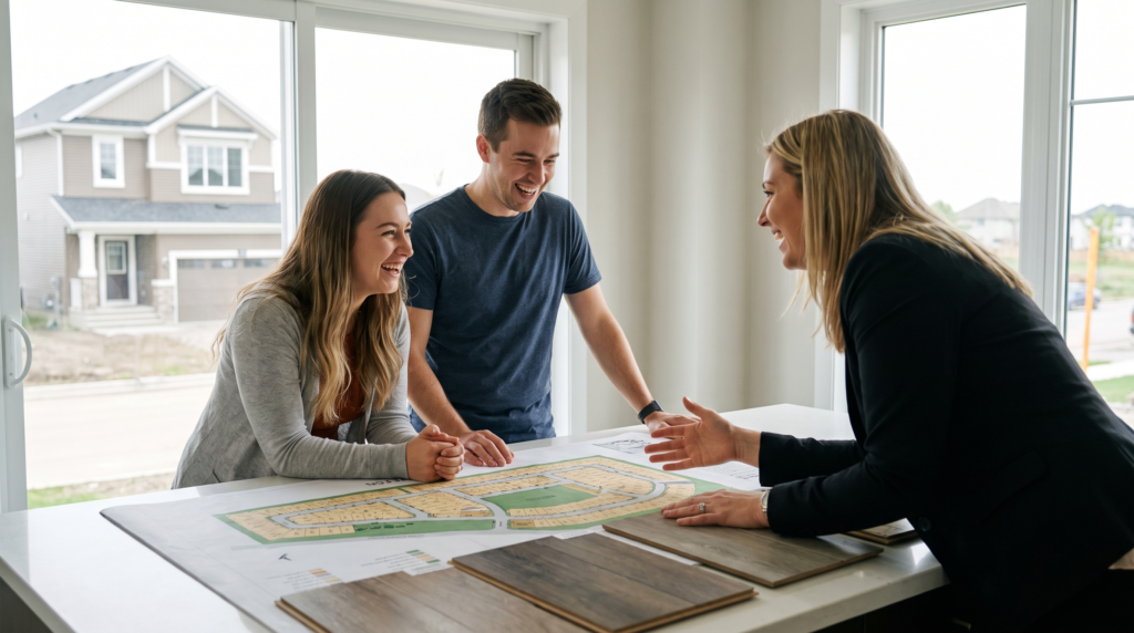 Home builder marketing agency focus: couple reviewing a community site plan with a sales consultant in a new-home sales centre