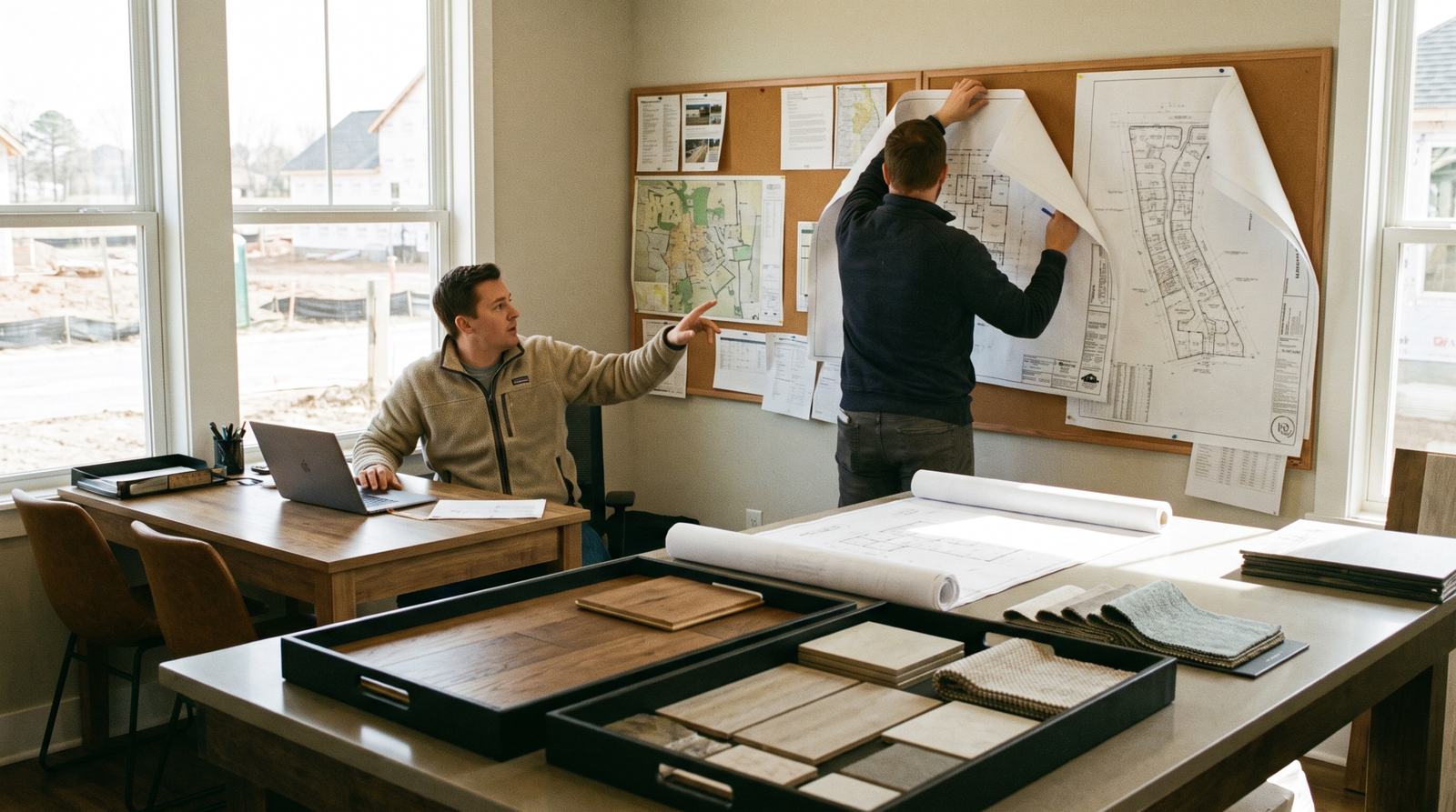 Home builder marketing team working on a laptop and pinning community site plans in a site sales office