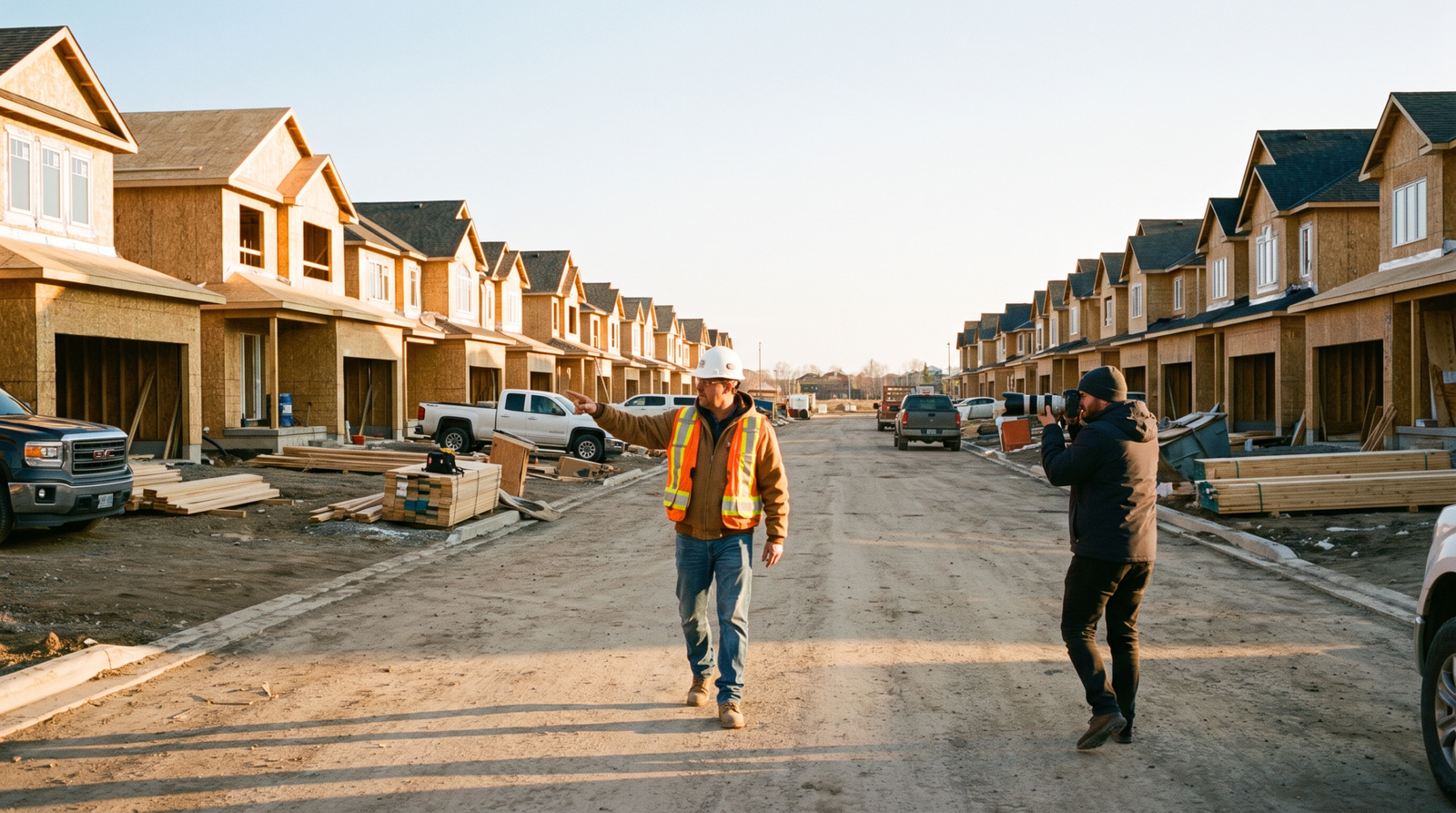 Site superintendent and photographer capturing progress photos of framed homes in a new subdivision