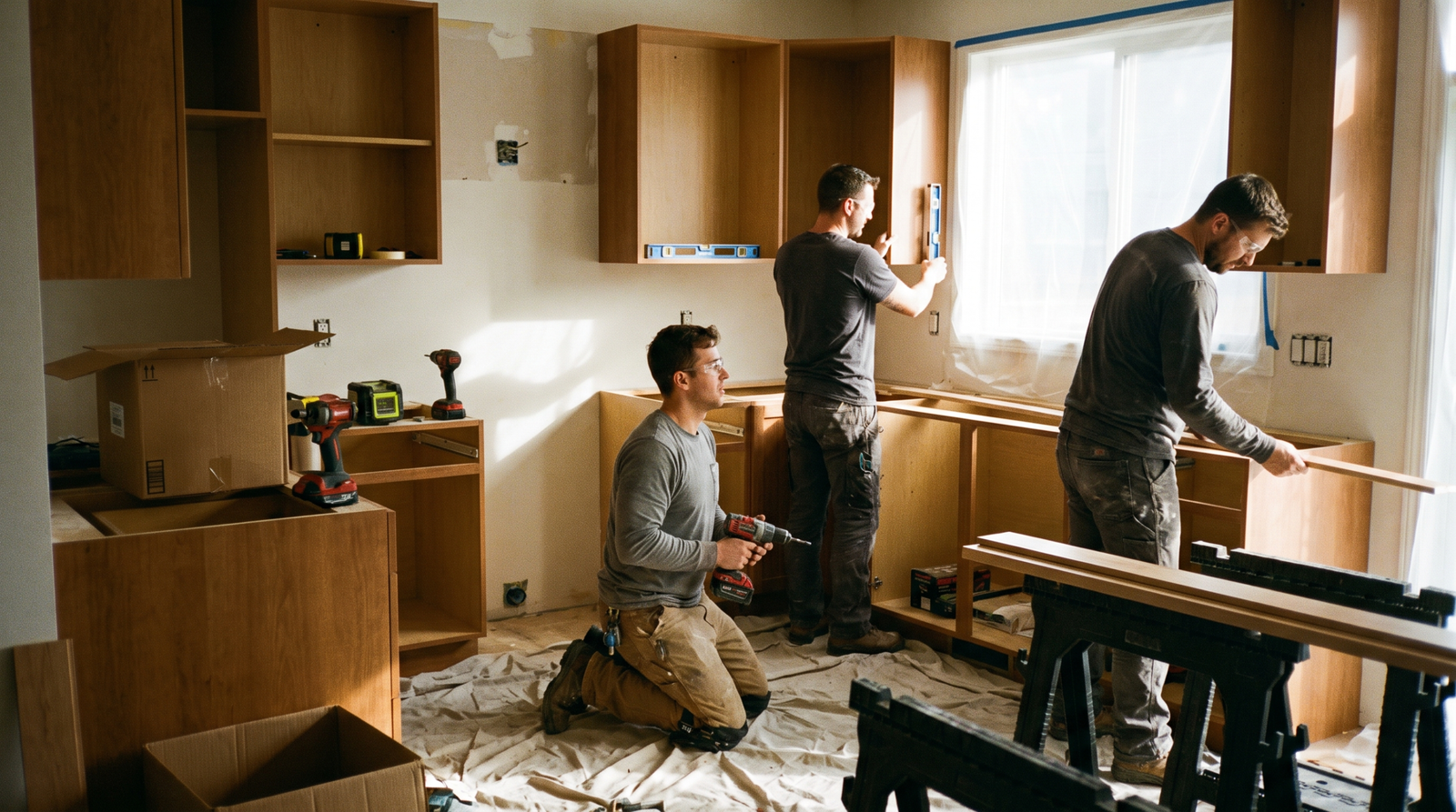 Remodeling crew installing cabinetry during a bright kitchen renovation