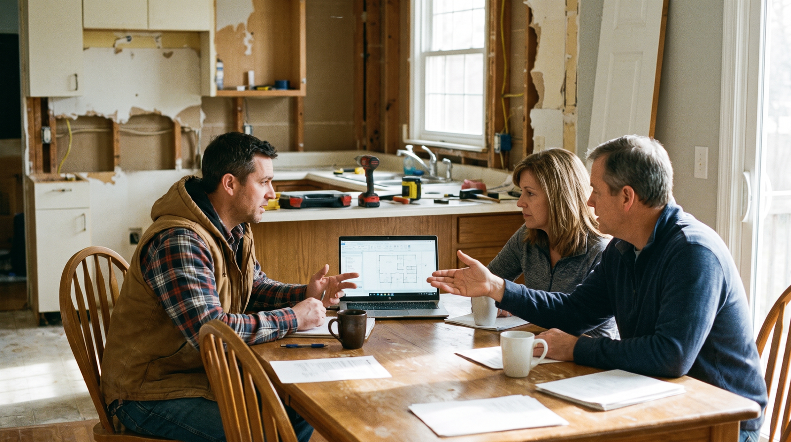 Home remodeling marketing agency work in practice: a remodeling contractor reviewing a renovation proposal with homeowners at a kitchen table