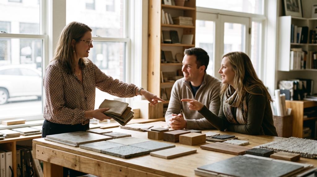 Interior design marketing agency context: an interior designer presenting fabric and tile samples to a client couple in a studio