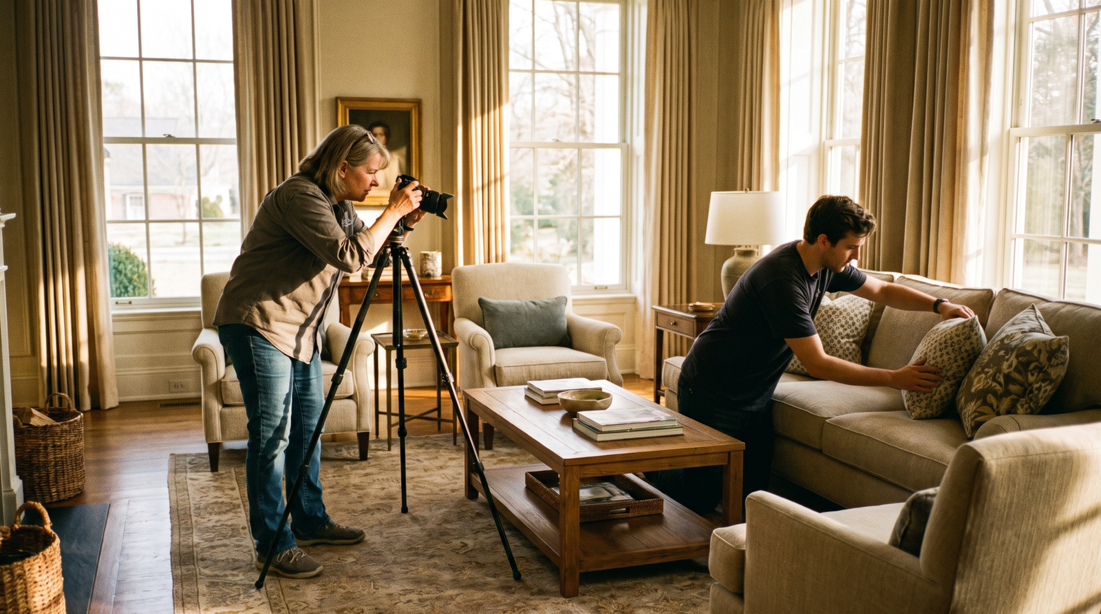 Interior designer photographing a finished living room for a portfolio shoot with a camera on a tripod