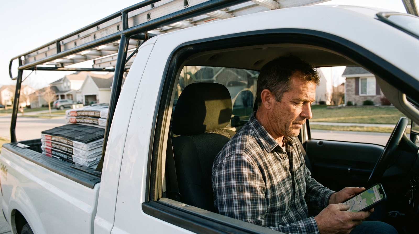 Local SEO for contractors: a roofing contractor in his work truck checking a map app on a residential street