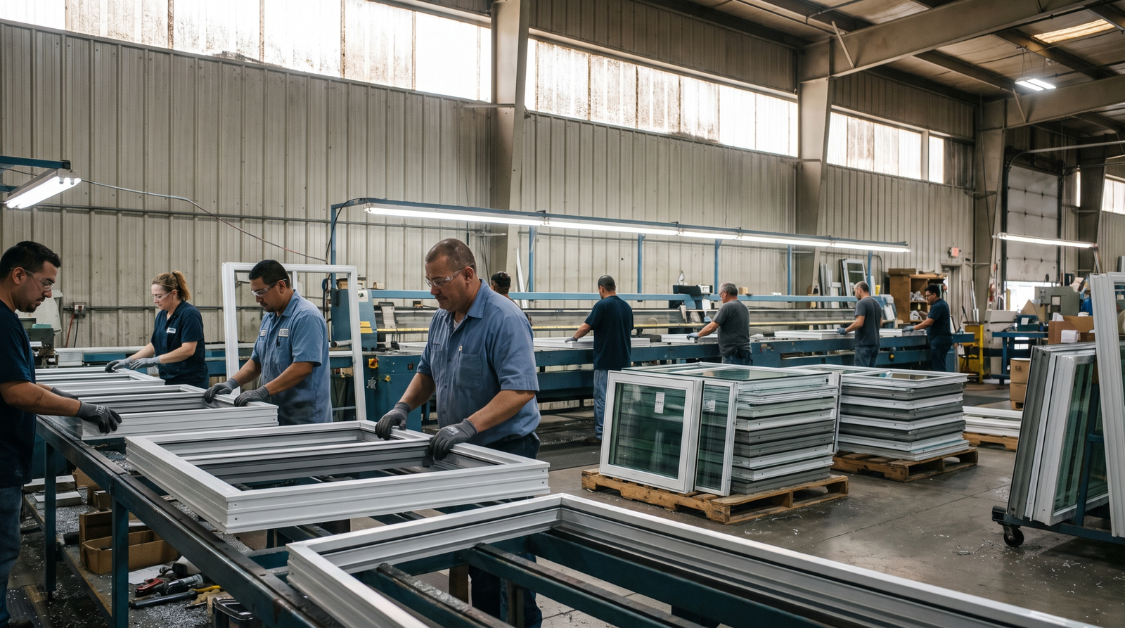 Manufacturing marketing agency subject: workers assembling window frames on a building products production line