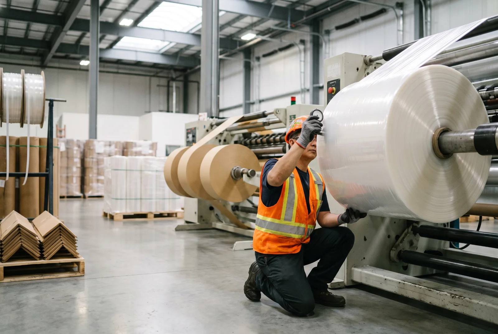 Slitting and rewinding line producing rolls of stretch film and packing tape in a packaging plant
