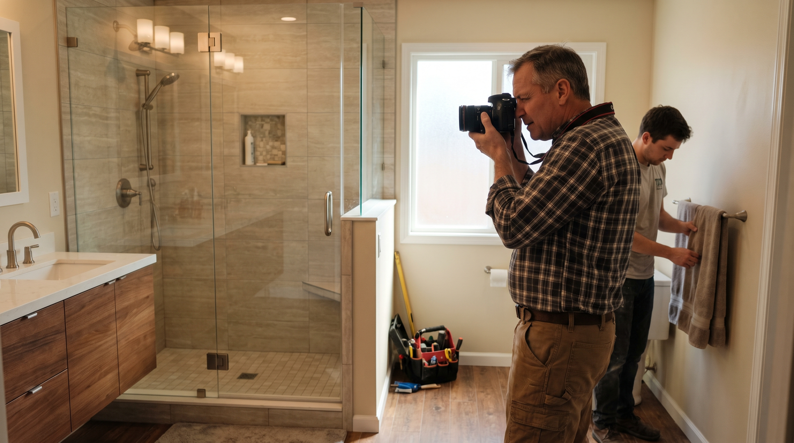 Remodeling contractor photographing a finished bathroom renovation for his project portfolio