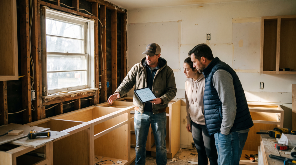 Remodeling marketing agency topic: renovation contractor showing homeowners design options on a tablet in a gutted kitchen