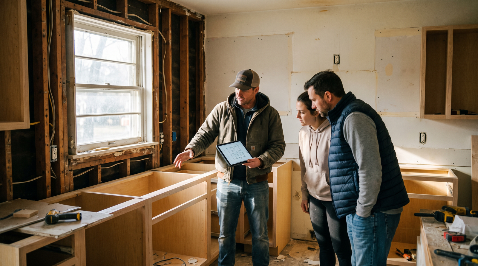 Remodeling marketing agency topic: renovation contractor showing homeowners design options on a tablet in a gutted kitchen