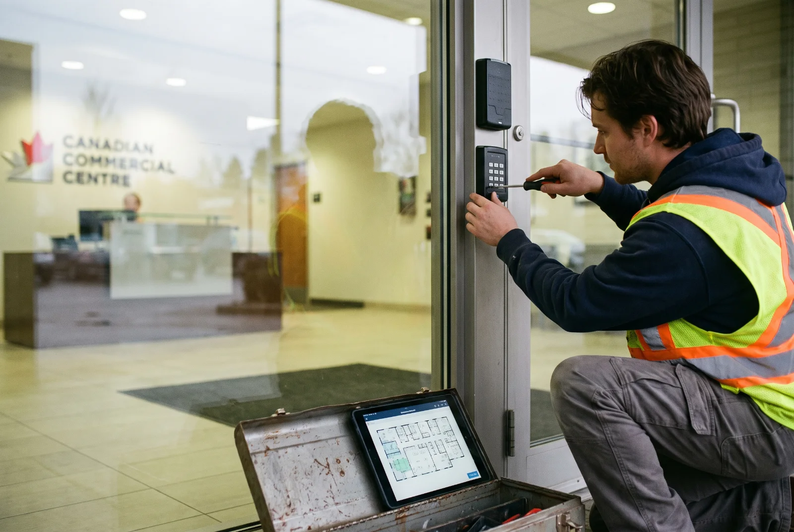 Technician installing an access control reader beside a glass office entrance