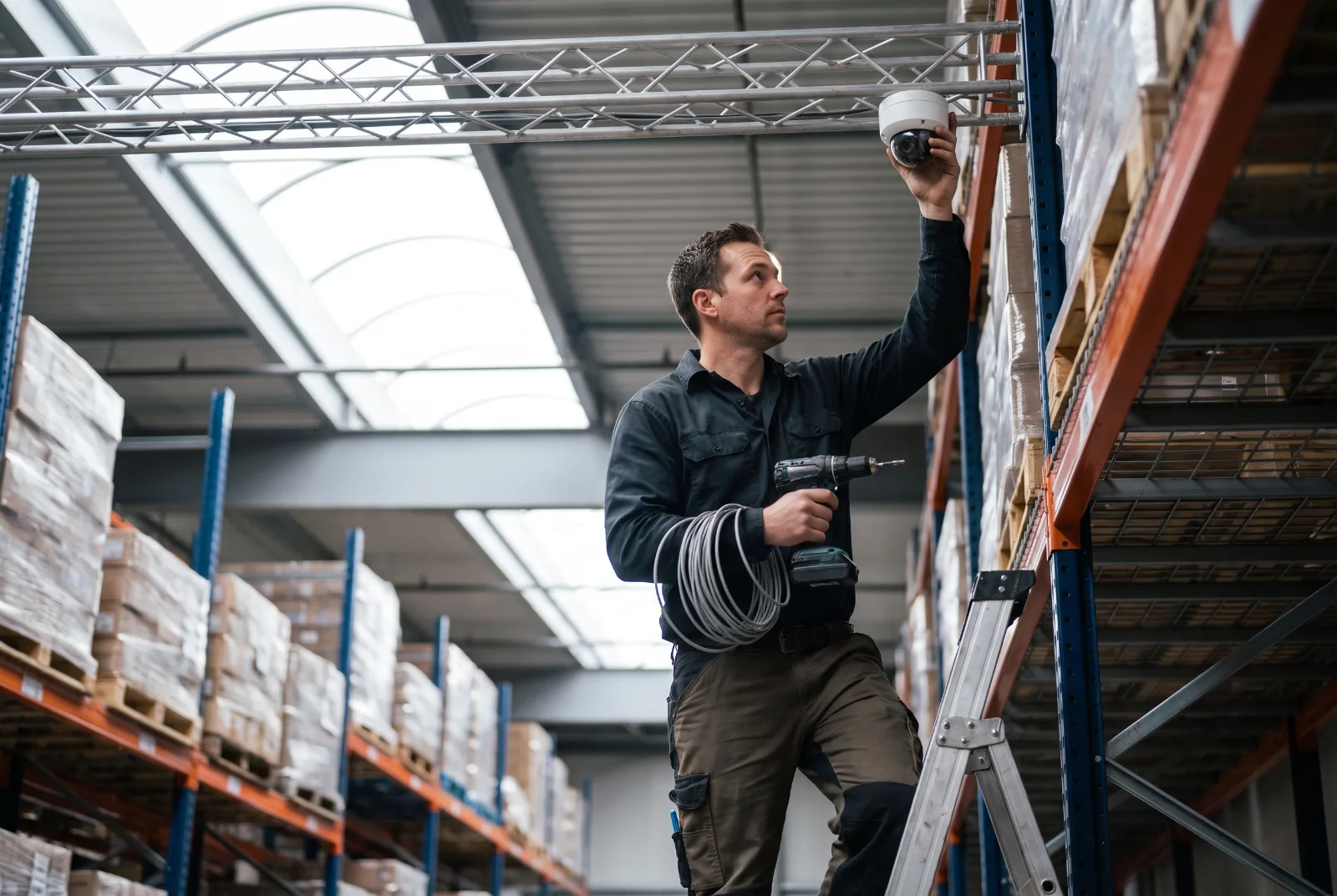 Security technician installing a dome CCTV camera in a warehouse