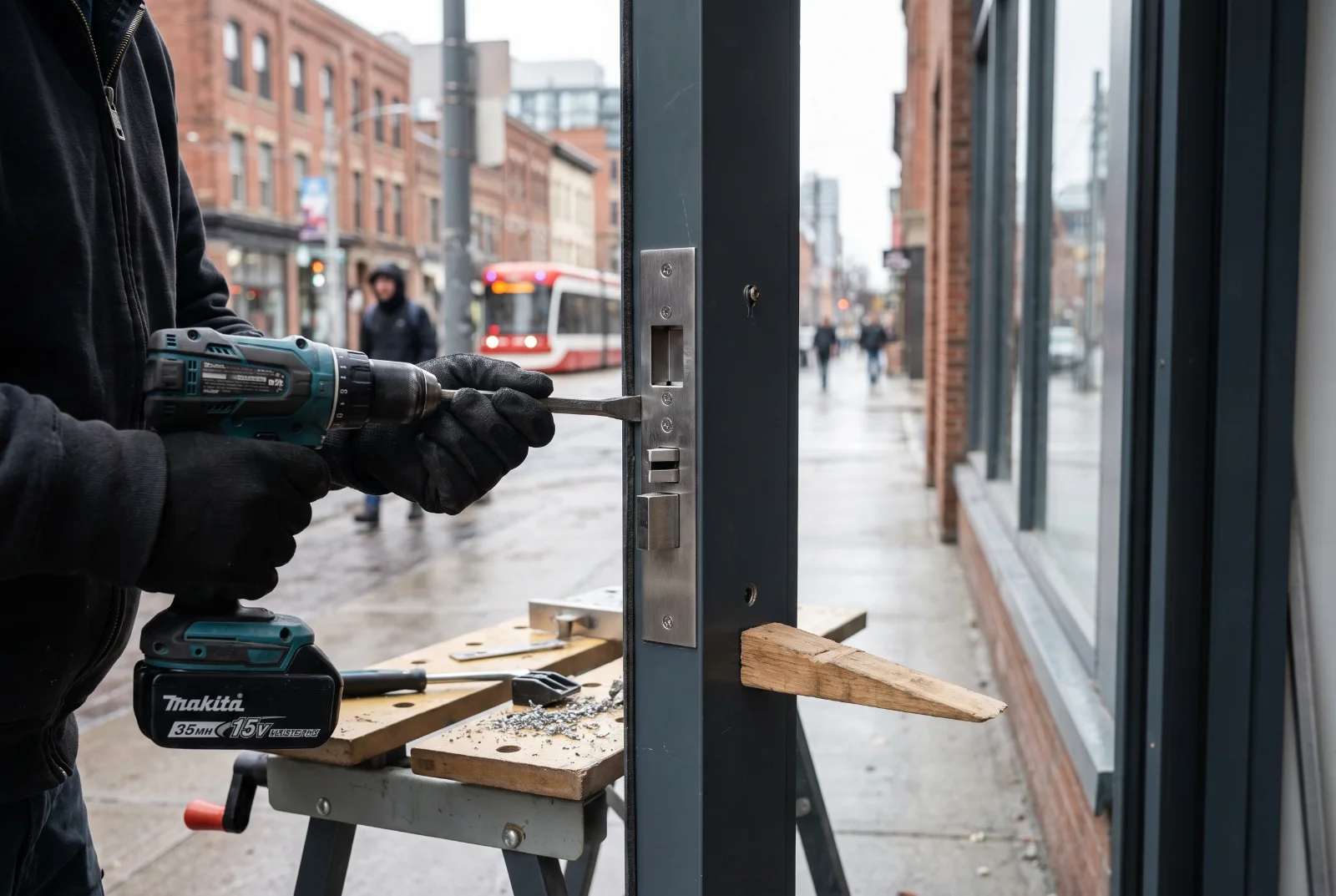 Locksmith fitting a commercial mortise lock and electrified strike in a storefront door