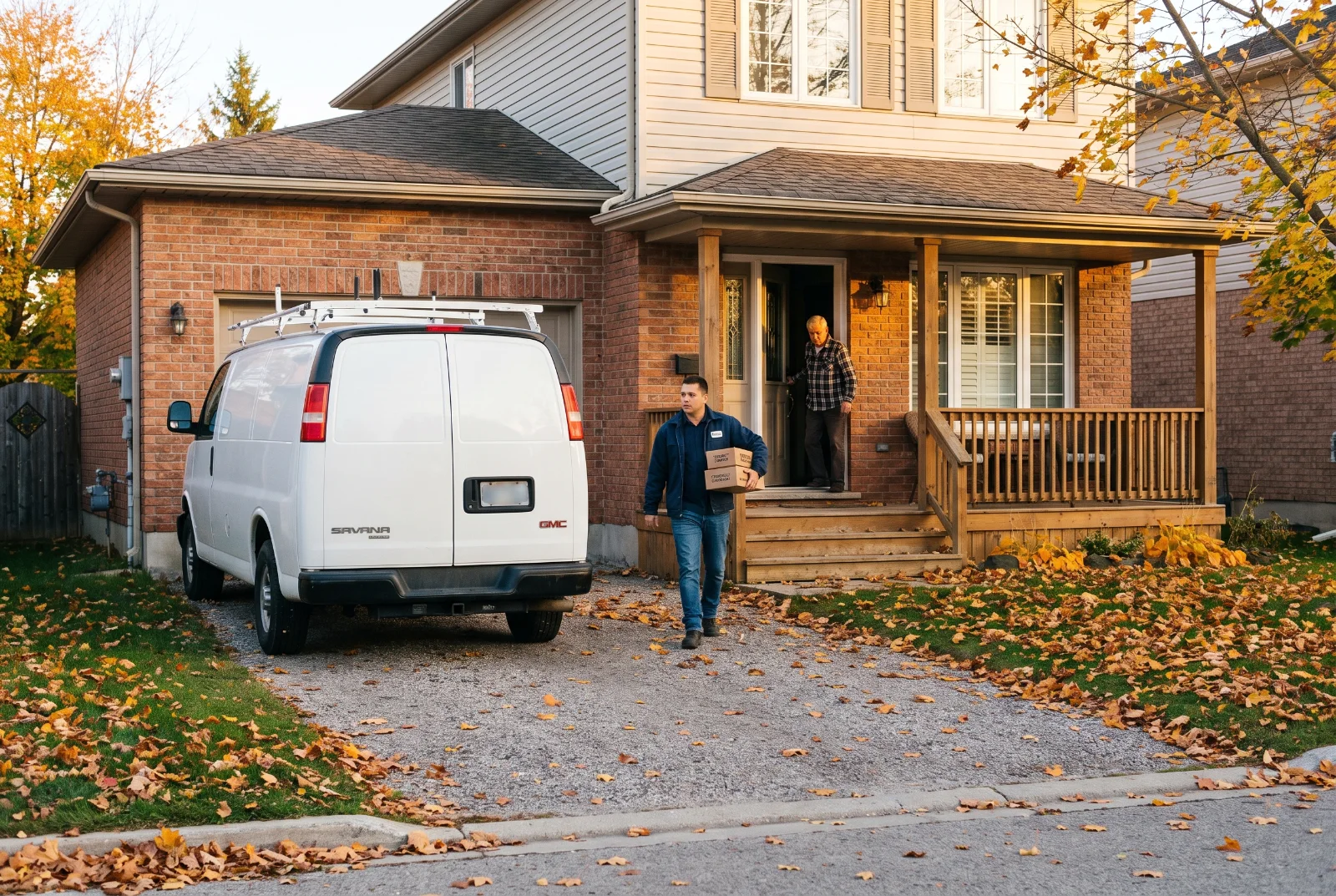 Security company van at a suburban home with a technician carrying a camera to the door