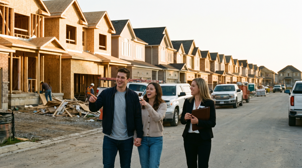 SEO for home builders: a young couple touring a new home community under construction with a sales agent