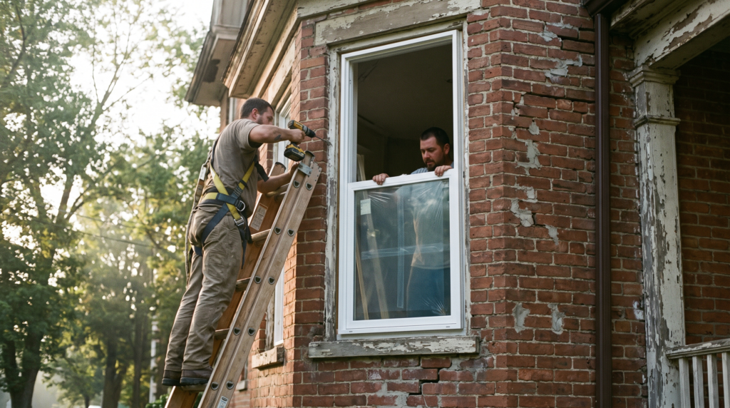 Window and door contractor marketing: installers fitting a replacement window into the brick wall of an older house