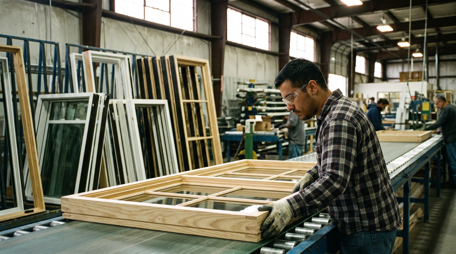 Worker inspecting a finished triple-pane window frame on a window manufacturing line