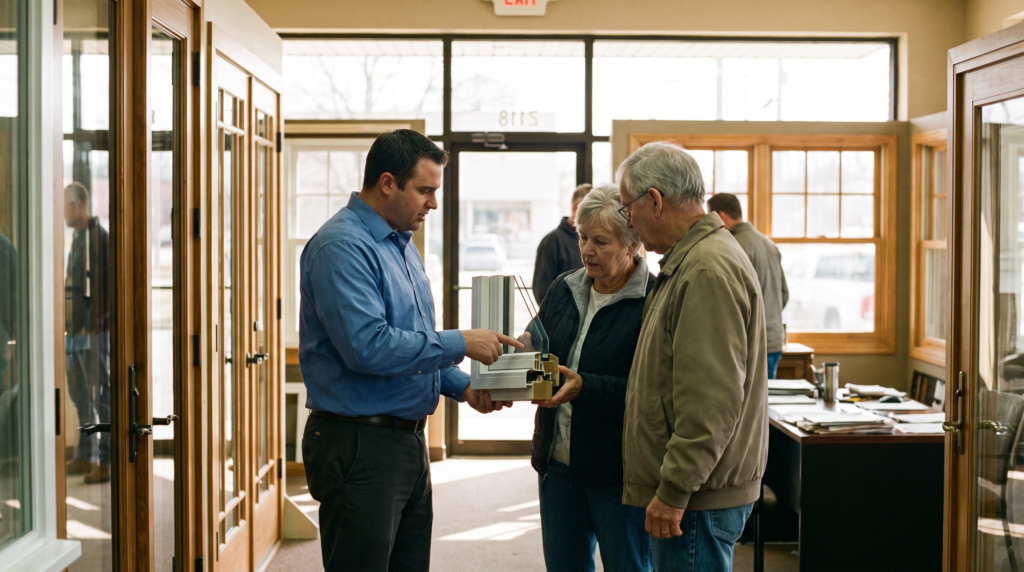 Window and door marketing agency scene: a dealer consultant showing homeowners a cutaway window sample in a showroom
