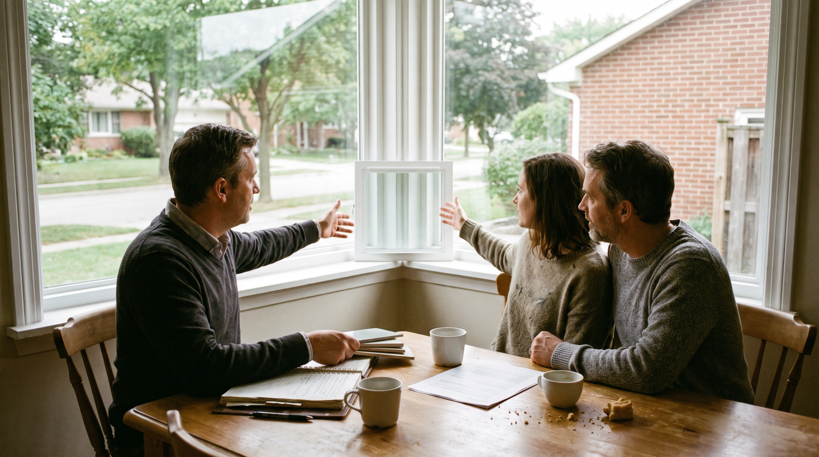 Window and door consultant reviewing a frame sample and glass sample with a homeowner couple at their kitchen table