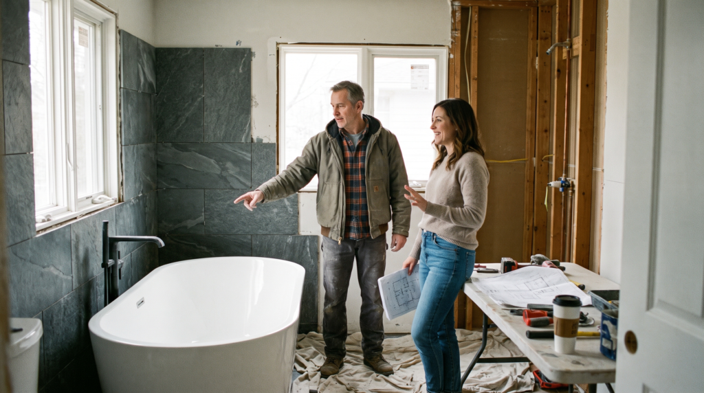Bathroom remodeling marketing starts with a contractor and homeowner reviewing a half-finished bathroom
