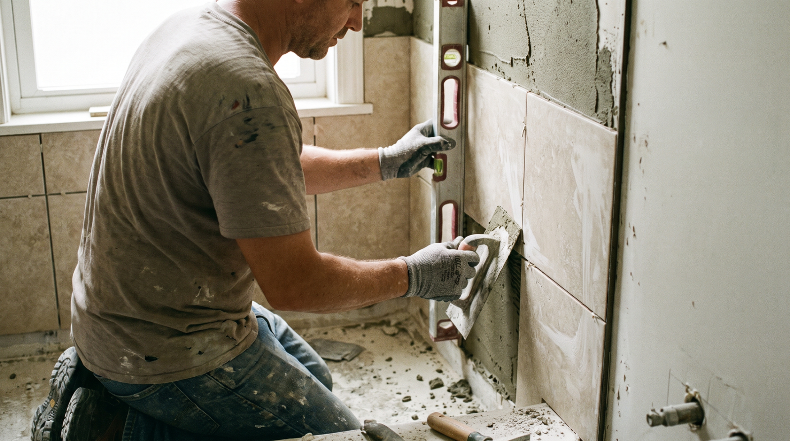 Tile installer setting a shower wall in a renovated bathroom