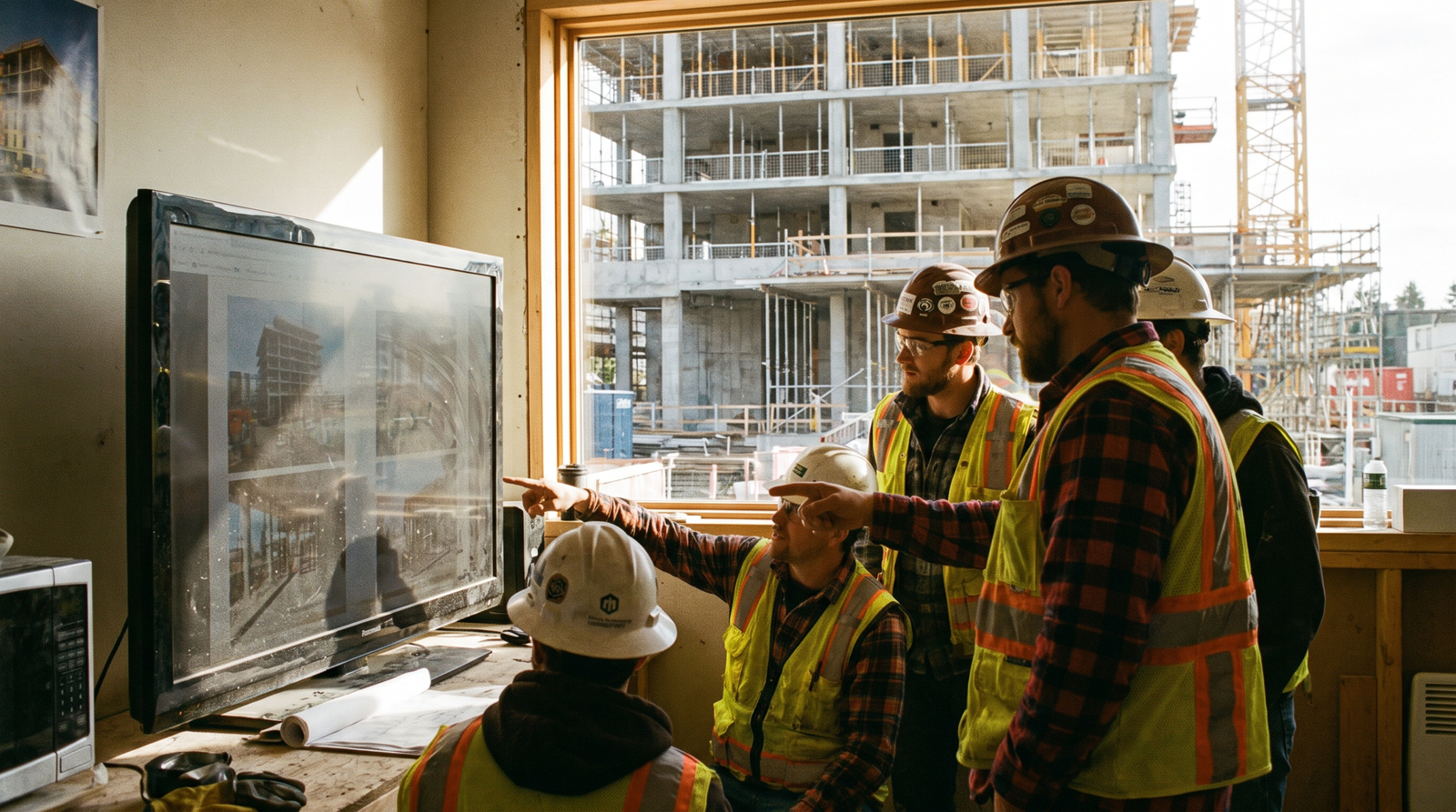 General contractor team reviewing project photos in a site office beside a mid-rise under construction