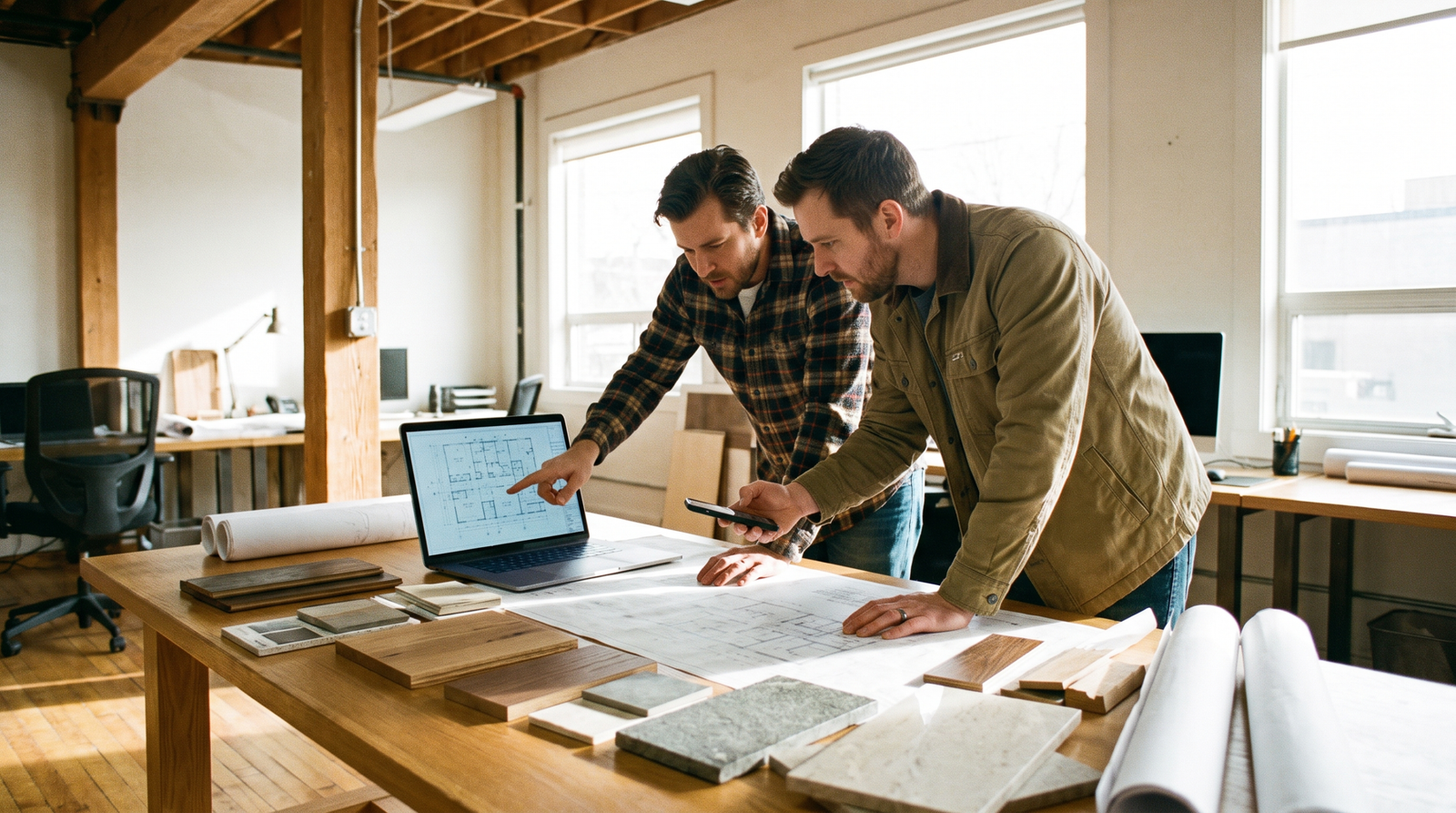 Construction company AI search: an architect and a contractor comparing options on a laptop and phone
